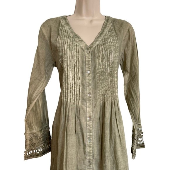 Raga Pintuck Pleat Lace Sleeve Green Shirt Dress Size XS oversized NWT - Picture 5 of 12